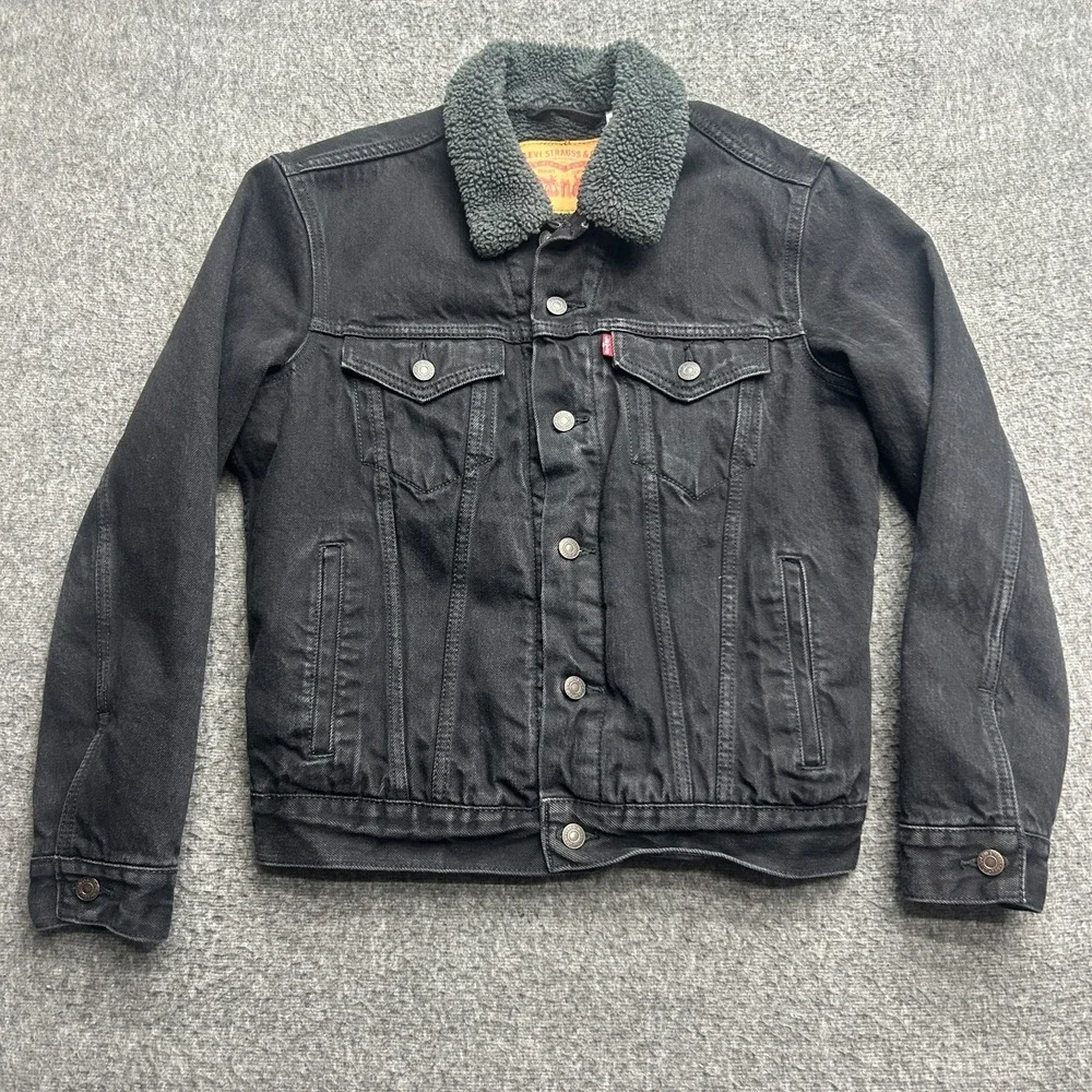 Levis Trucker Jacket Small Mens Sherpa Lined Cotton Denim Button Up‎ Coat Black